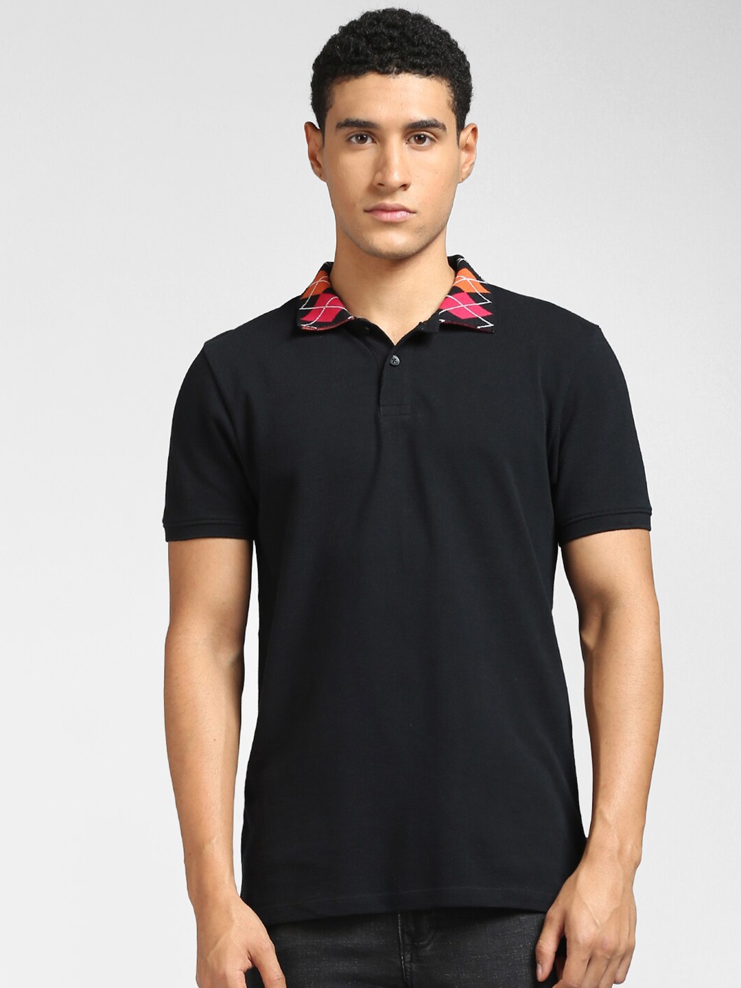 Jack & Jones Men Black Polo Collar Cotton T-shirt