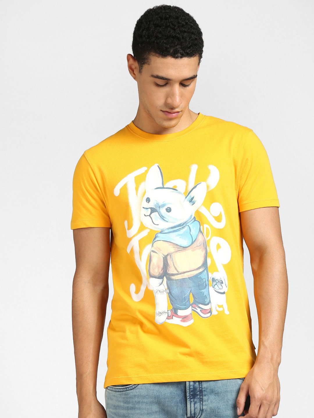 

Jack & Jones Men Yellow & White Printed Cotton T-shirt