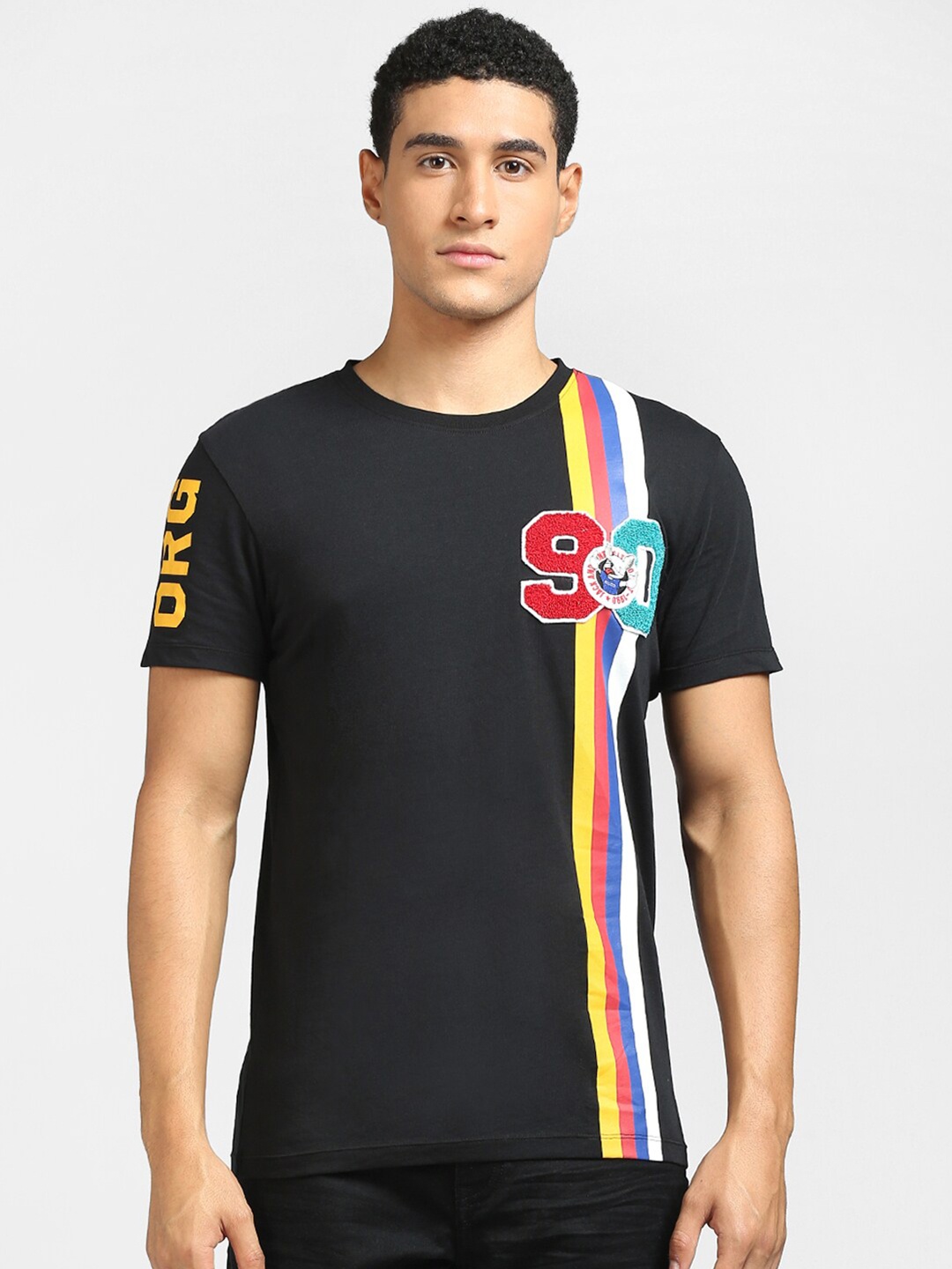 

Jack & Jones Men Black & Yellow Striped Applique Cotton T-shirt