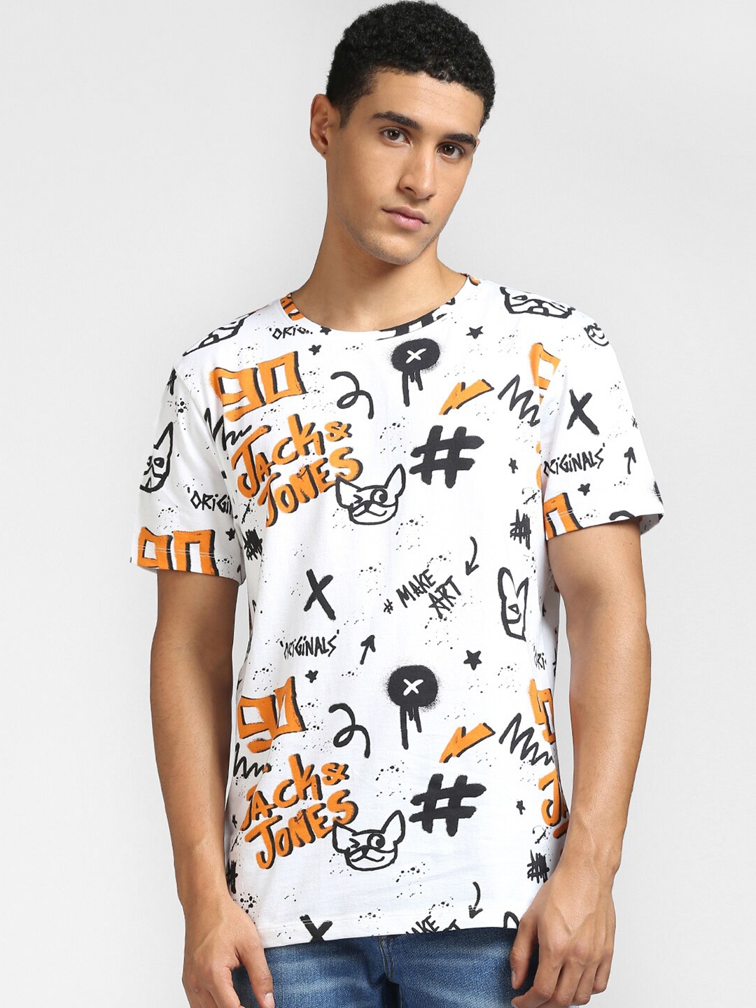

Jack & Jones Men White & Black Printed Cotton T-shirt