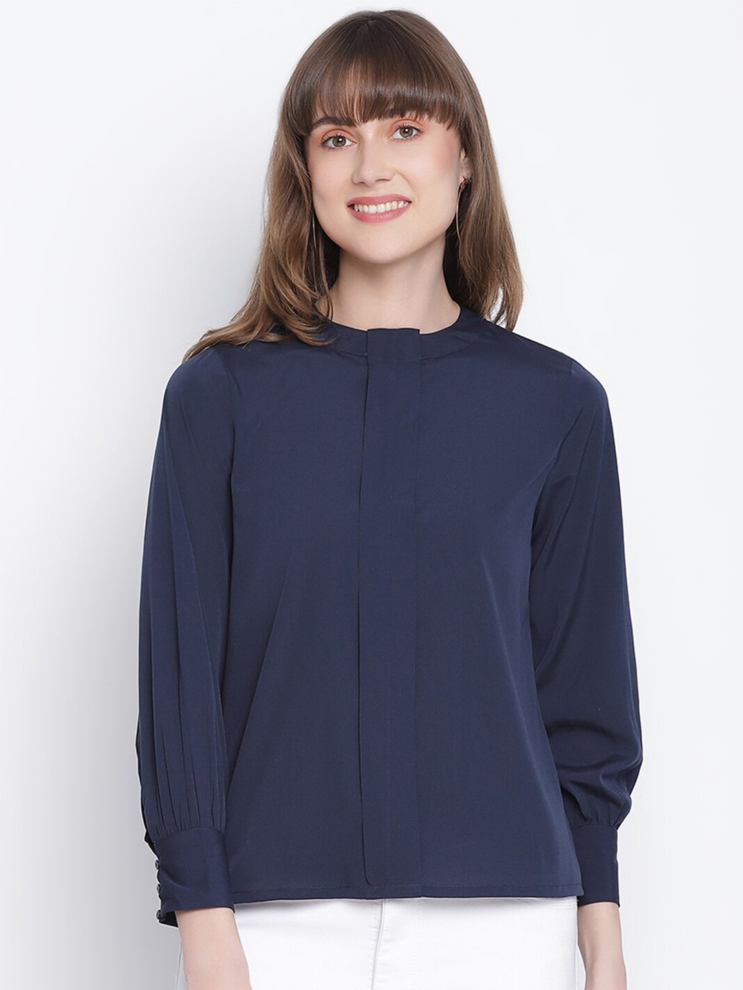 DRAAX Fashions Blue Long Sleeves Front Pleat Top