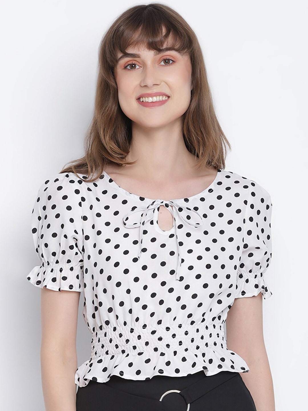 

DRAAX Fashions White & Black Printed Polka Dots Tiered Top