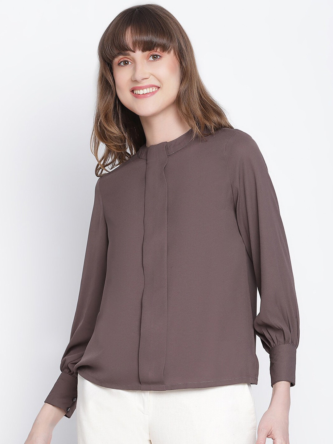 

DRAAX Fashions Grey Mandarin Collar Front Pleated Shirt Style Top