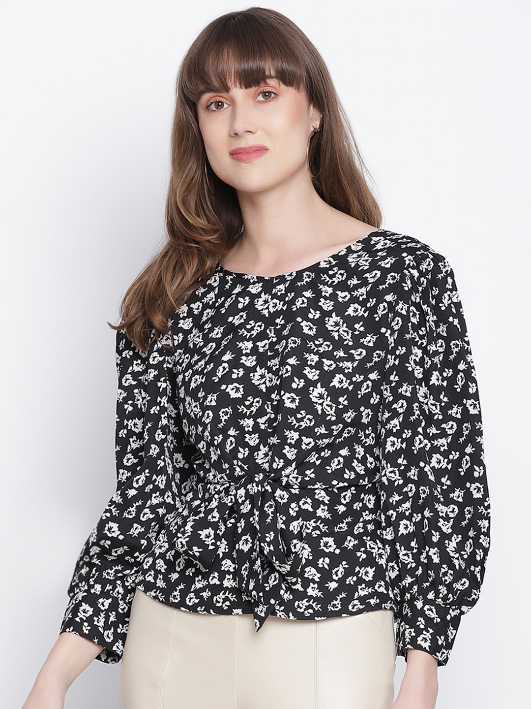 

DRAAX Fashions Black Floral Print Chiffon Cinched Waist Top