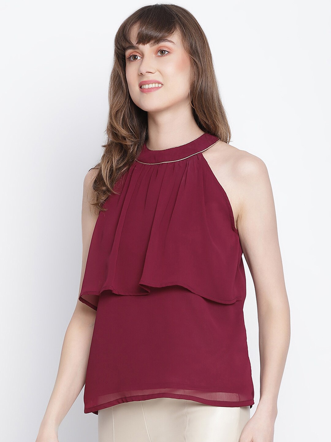 

DRAAX Fashions Women Maroon Halter Neck Tiered Top