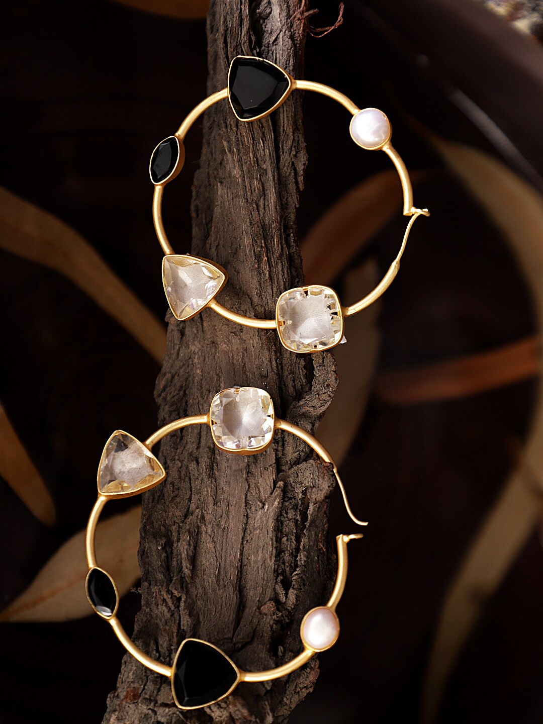 

XAGO Women Gold Plated Black & White Contemporary Hoop Earrings