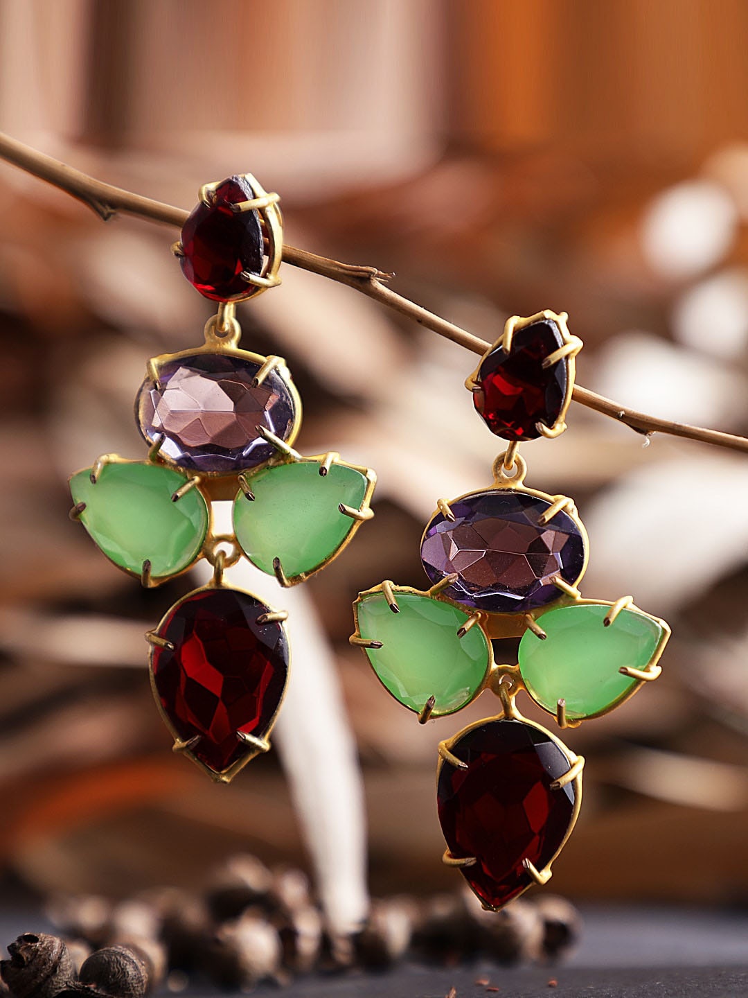 

XAGO Burgundy & Purple Gold-Plated Chalcedony, Garnet & Amethyst Contemporary Drop Earrings