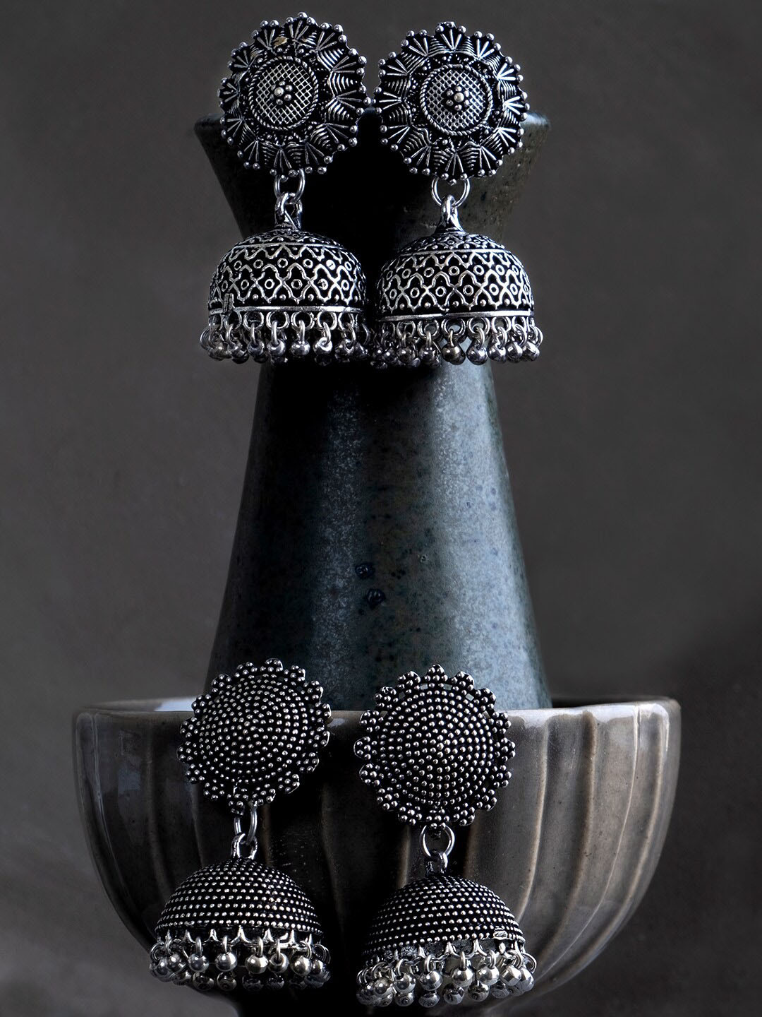

Infuzze Silver-Toned Circular Oxidised Jhumkas Earrings