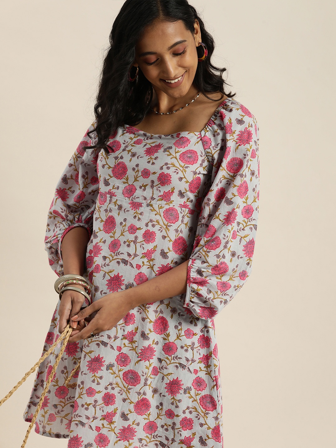 

Taavi Women Grey & Pink Bagru Hand Block Printed Dress with Styled Back