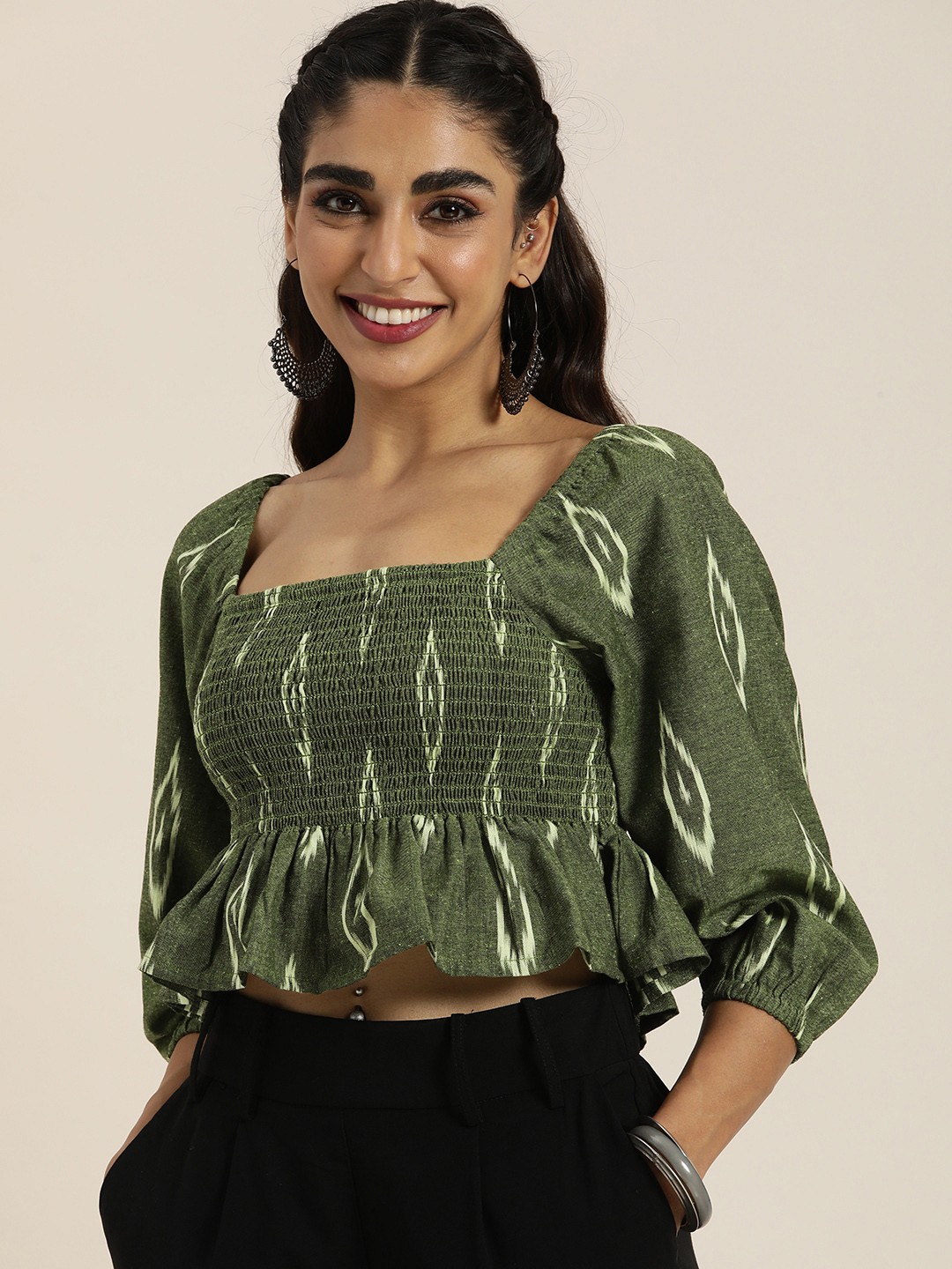 

Taavi Women Green Ikat Print Peplum Crop Top