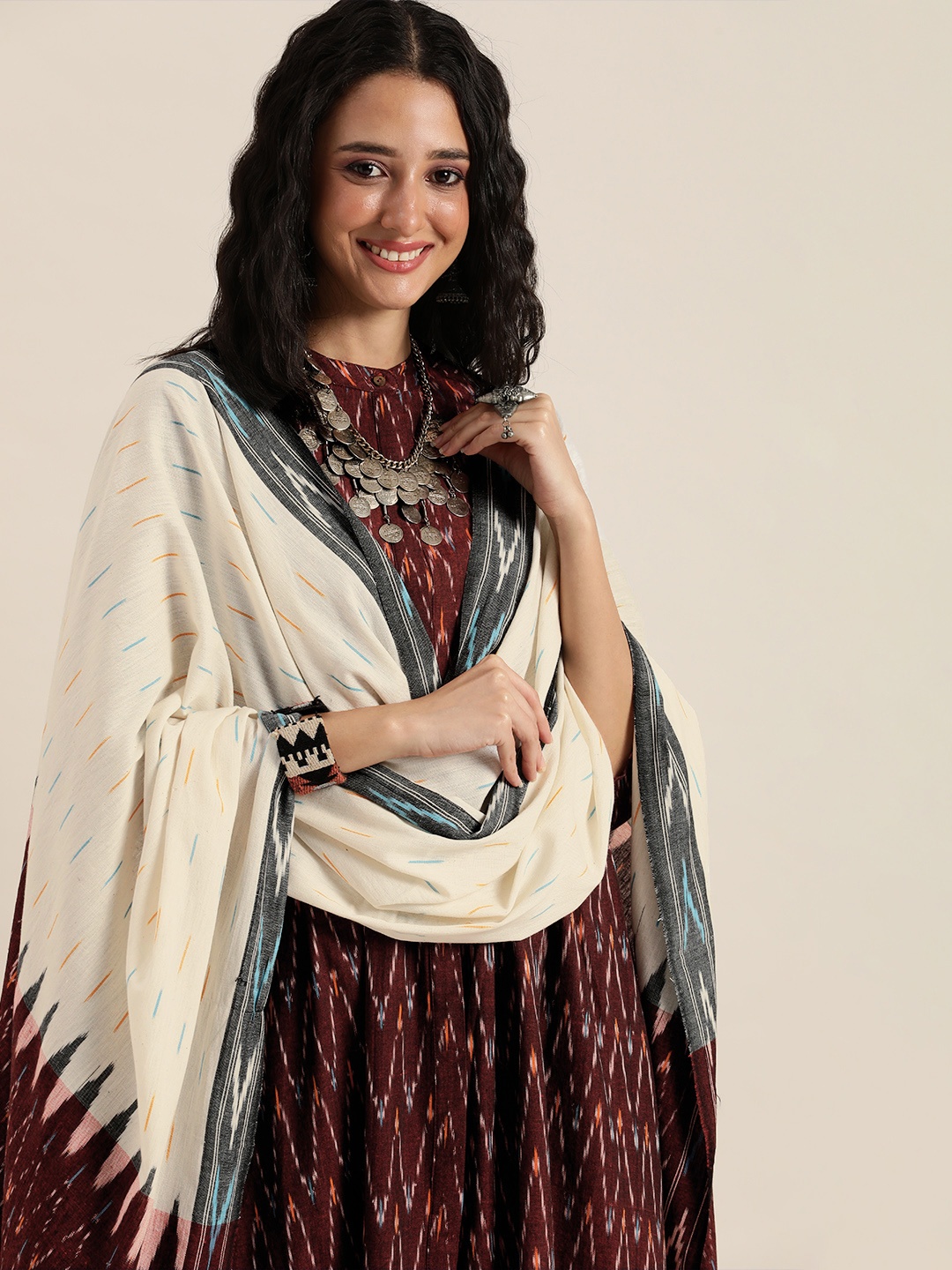 

Taavi Ikat Printed A-Line Kurta with Palazzos & With Dupatta, Maroon