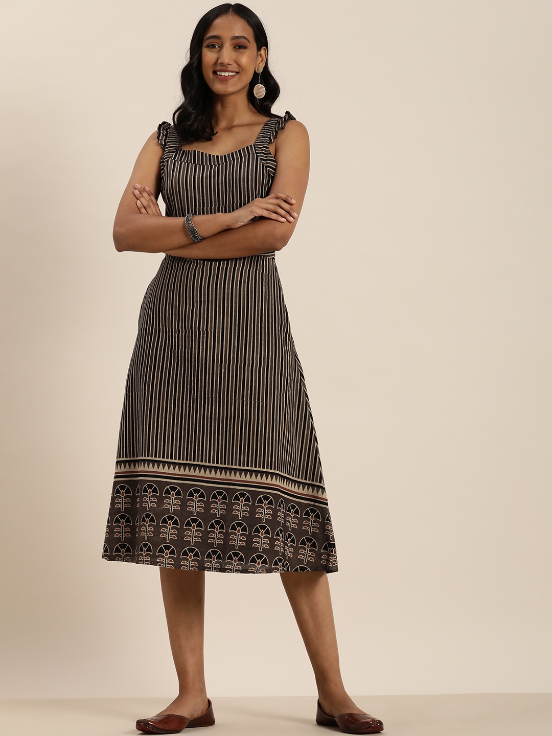 

Taavi Women Brown Ajrakh Print A-Line Midi Dress