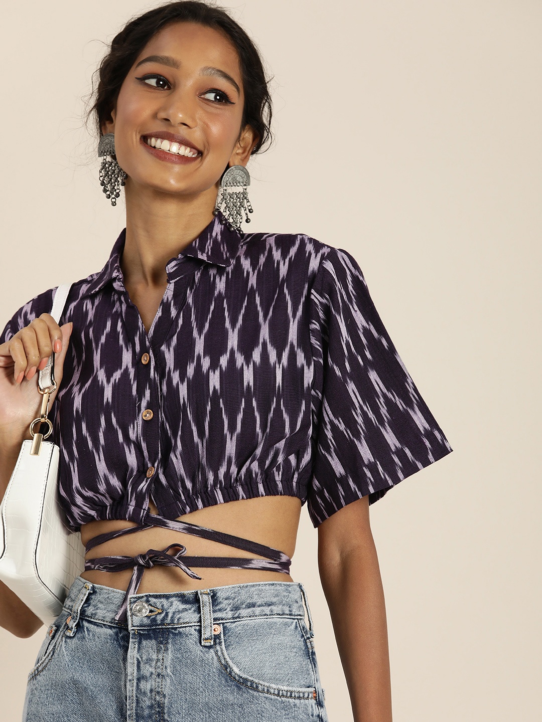 

Taavi Women Burgundy & White Ikat Printed Shirt Style Crop Top