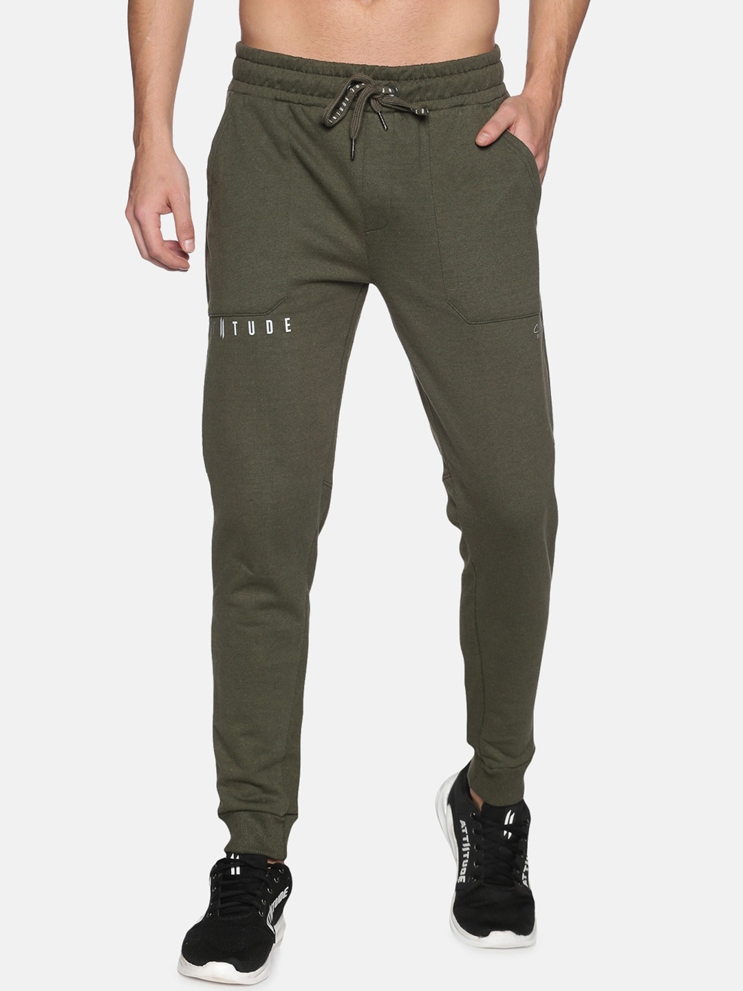 ATTIITUDE Men Green Solid Slim-Fit Pure Cotton Joggers