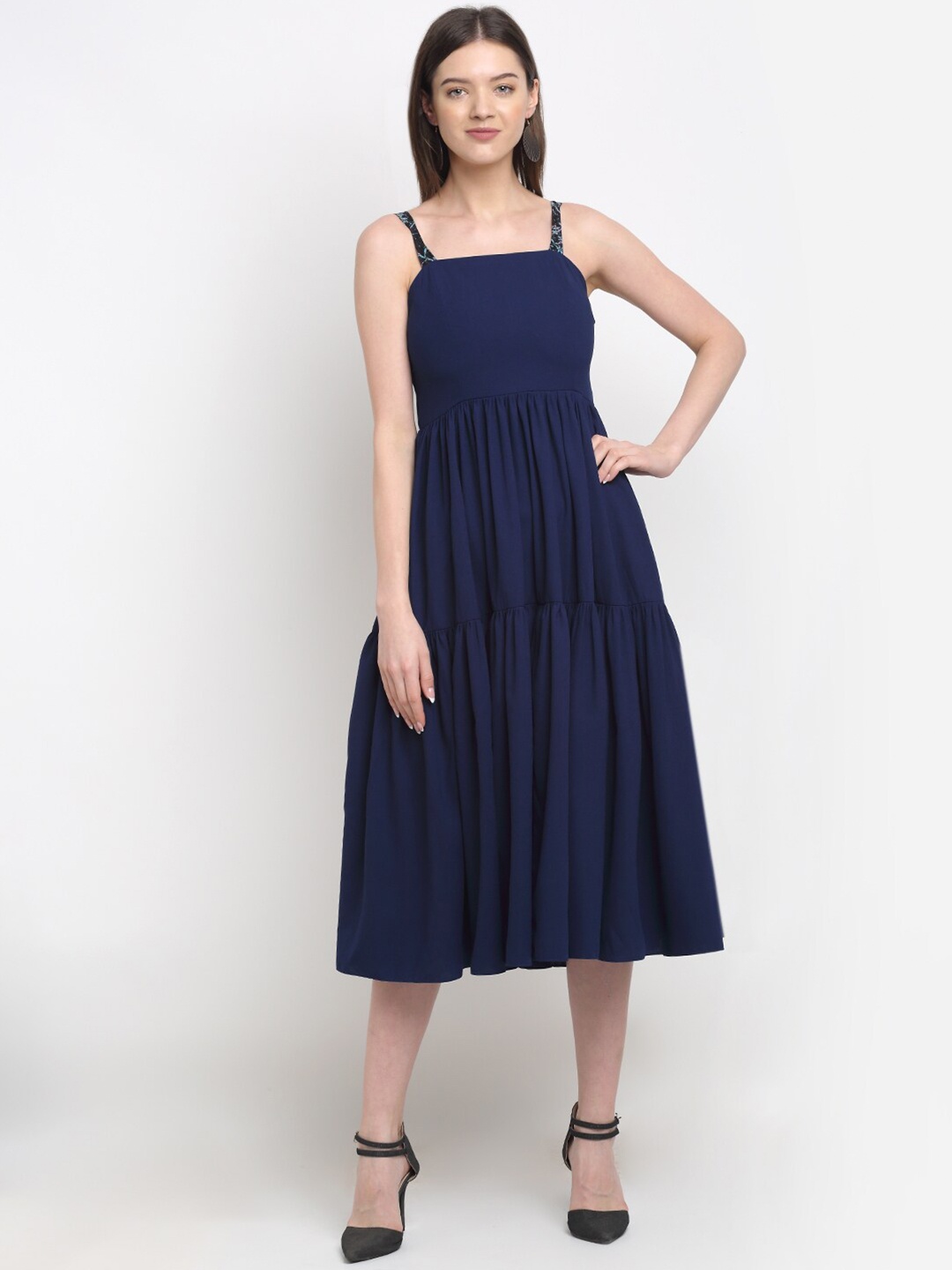 

ewoke Blue Shoulder Strap Tiered Midi Dress