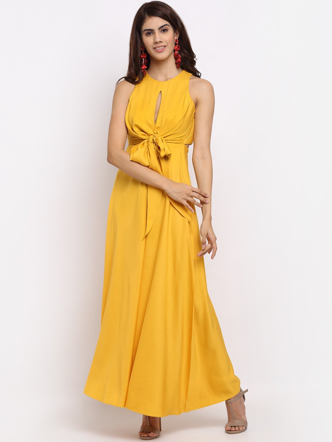 ewoke Yellow Tencel Front Cut Out Tie Up Basic Jumpsuit