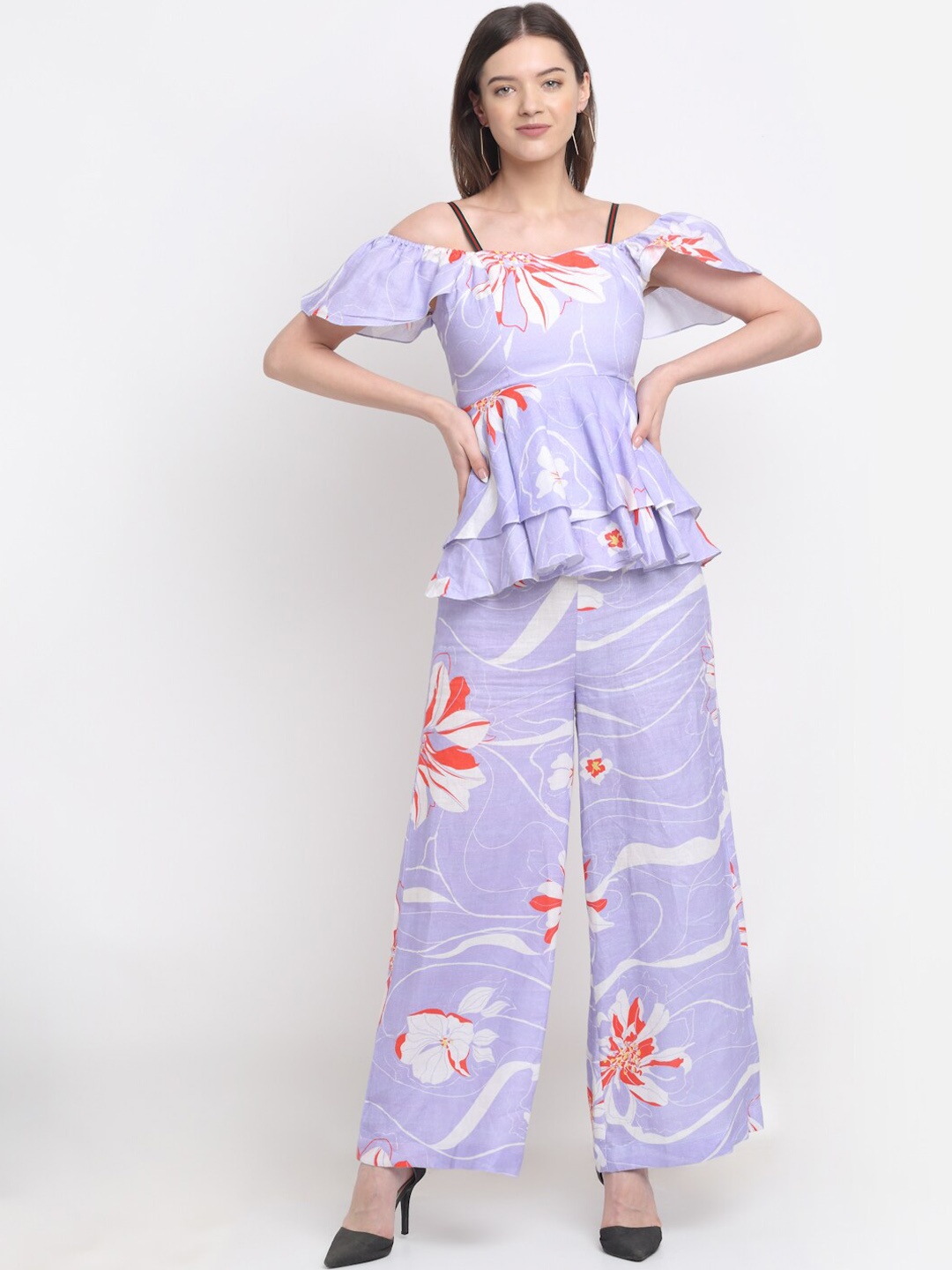 

ewoke Women Lavender & Red Printed Peplum Top With Palazzos
