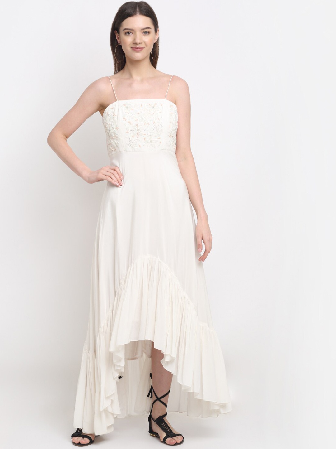 

ewoke Off White Embellished Crepe Maxi Dress