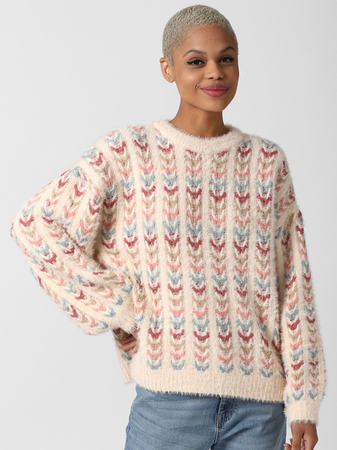

FOREVER 21 Women Beige Geometric Printed Pullover with Fuzzy Detail