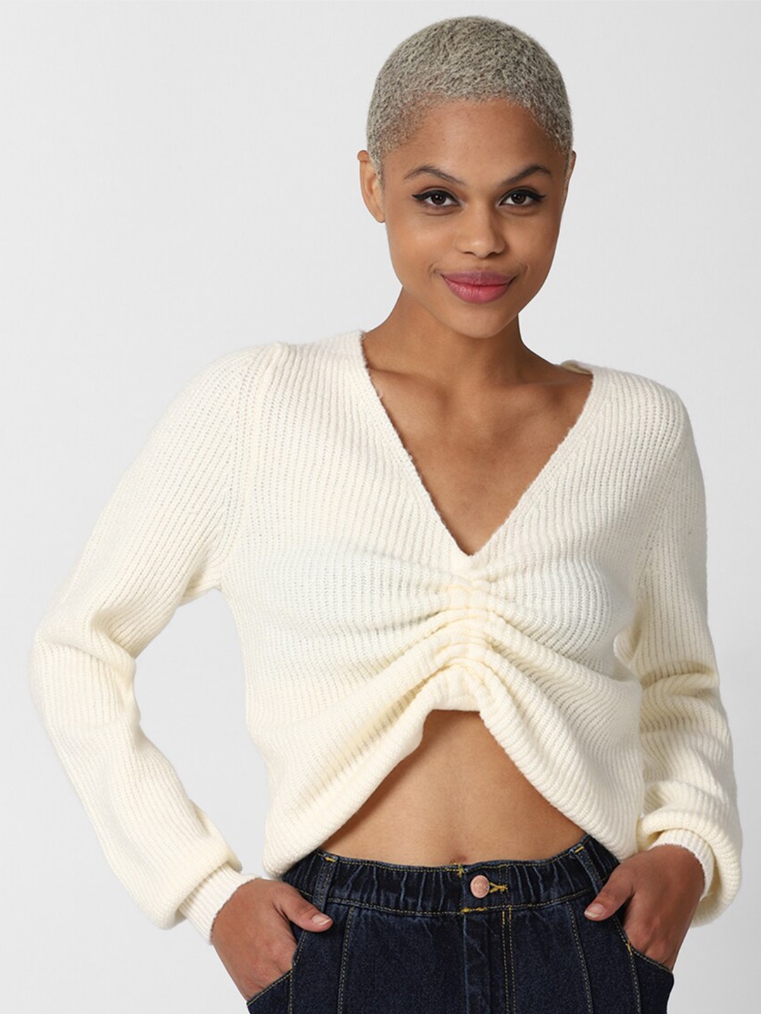 

FOREVER 21 Women Cream Striped High-low Pullover