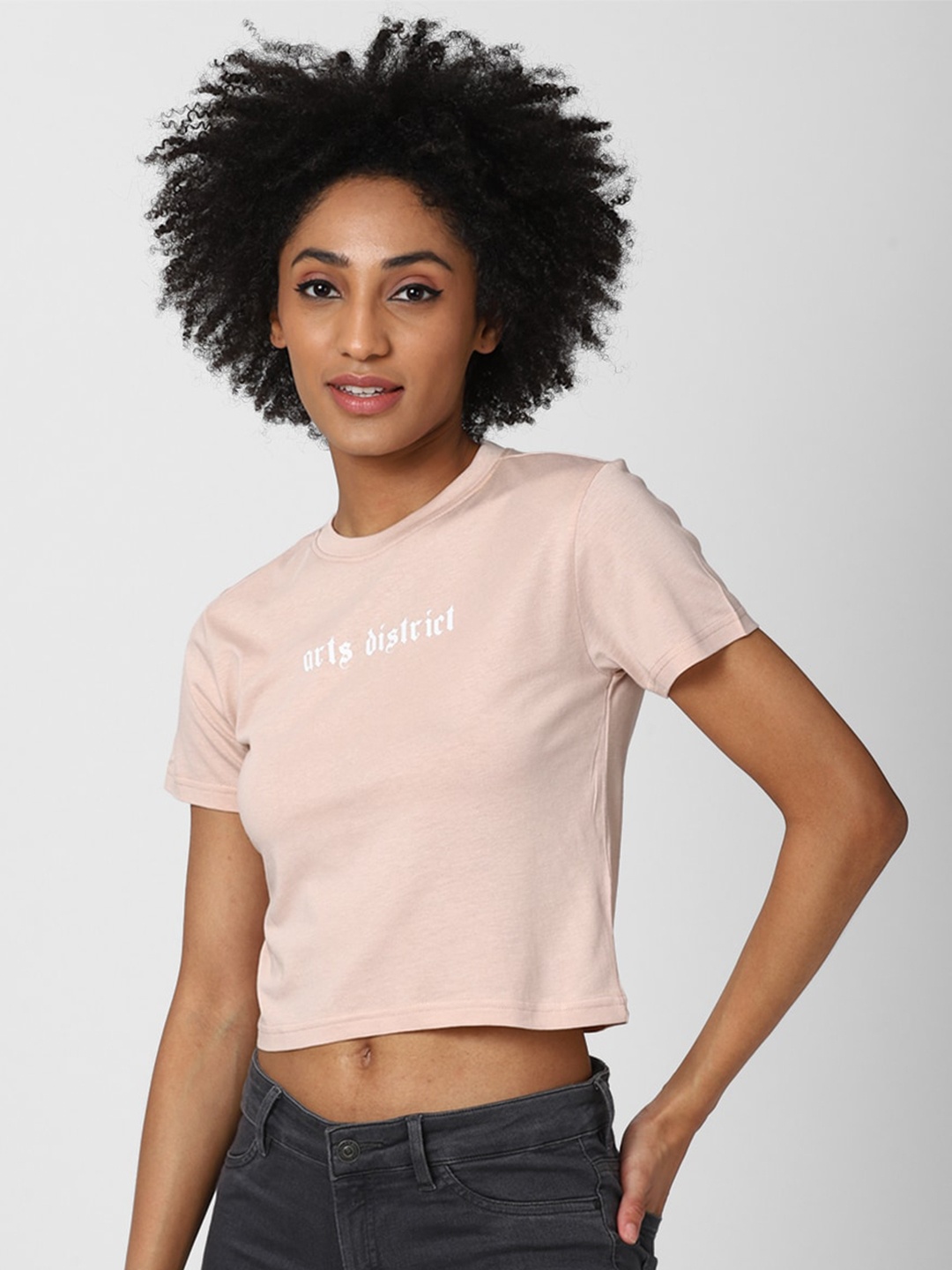 

FOREVER 21 Women Peach-Coloured Typography Printed Crop Top