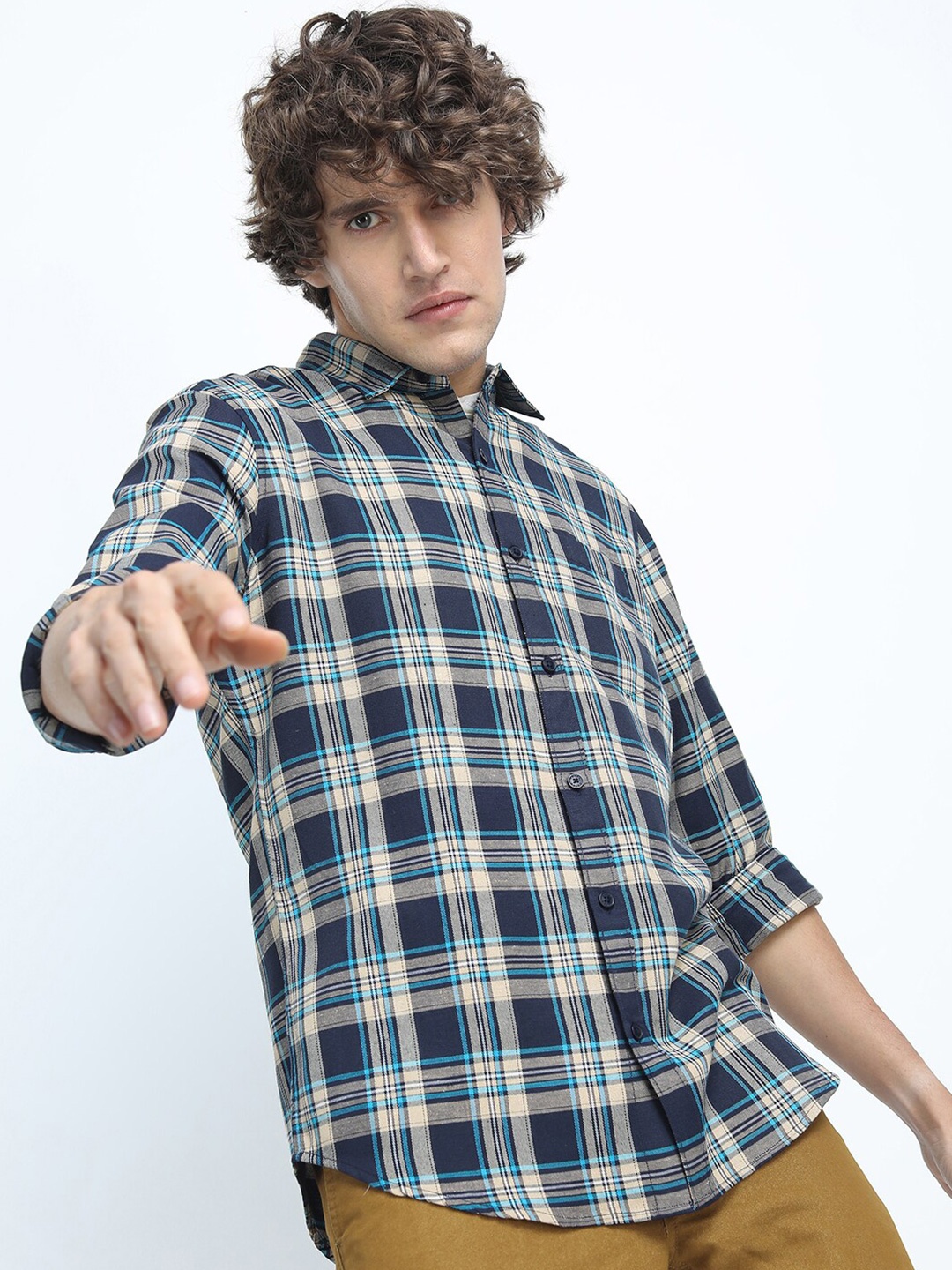 

KETCH Men Navy Blue Slim Fit Tartan Checks Checked Casual Shirt