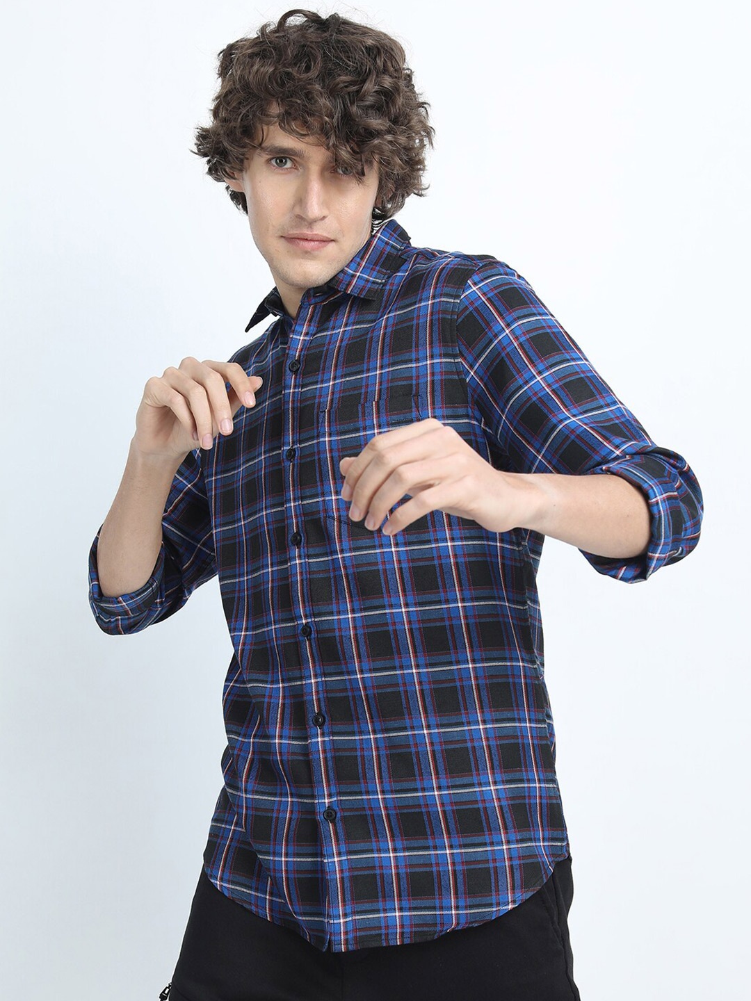 

KETCH Men Black & Blue Slim Fit Tartan Checks Checked Casual Shirt