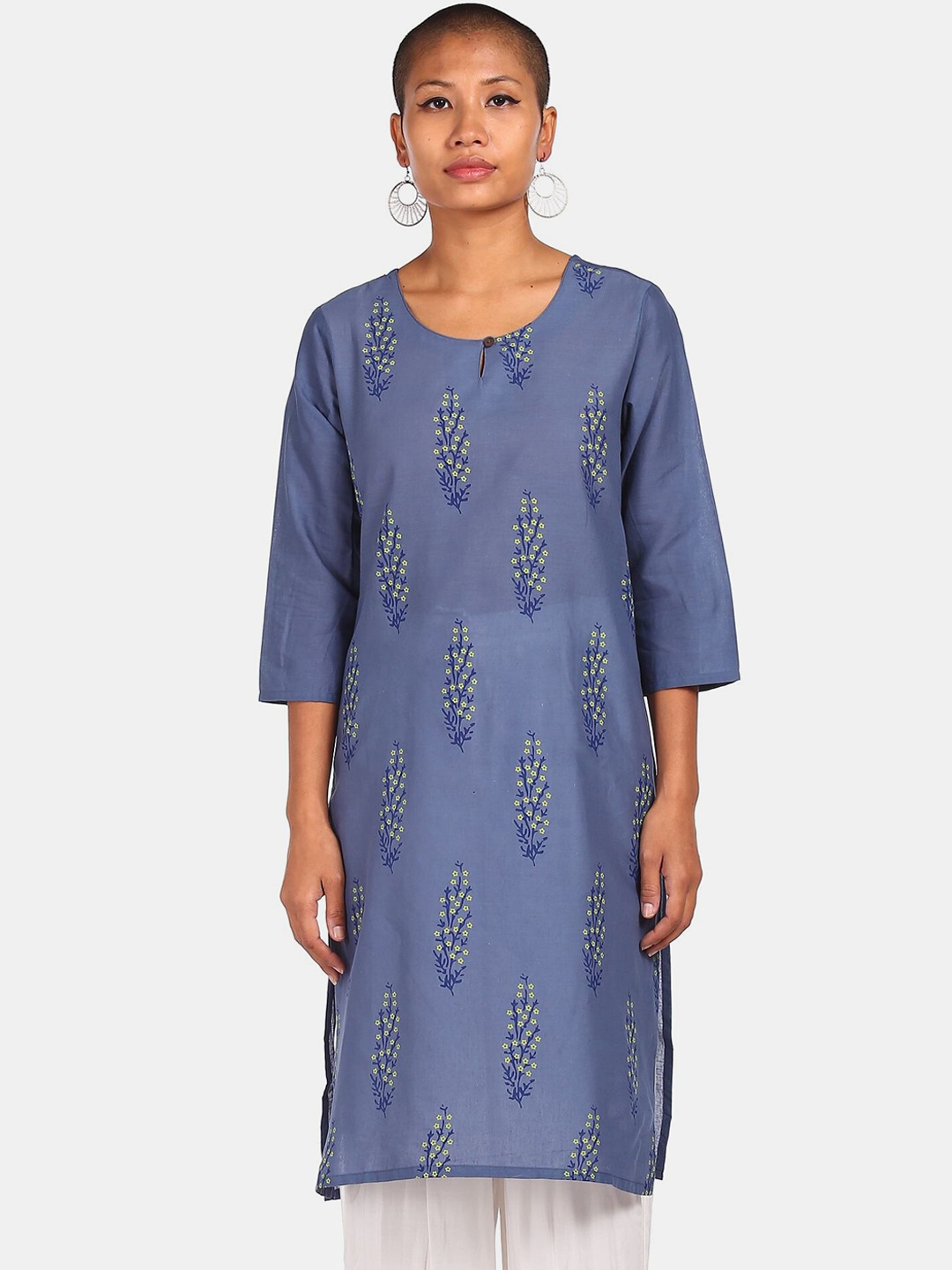 

Karigari Women Blue Cotton Floral Printed A-Line Kurta