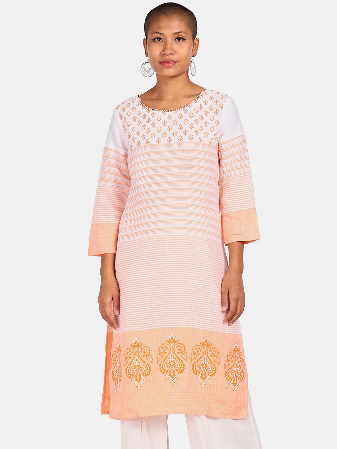 

Karigari Women Orange & White Striped Kurta