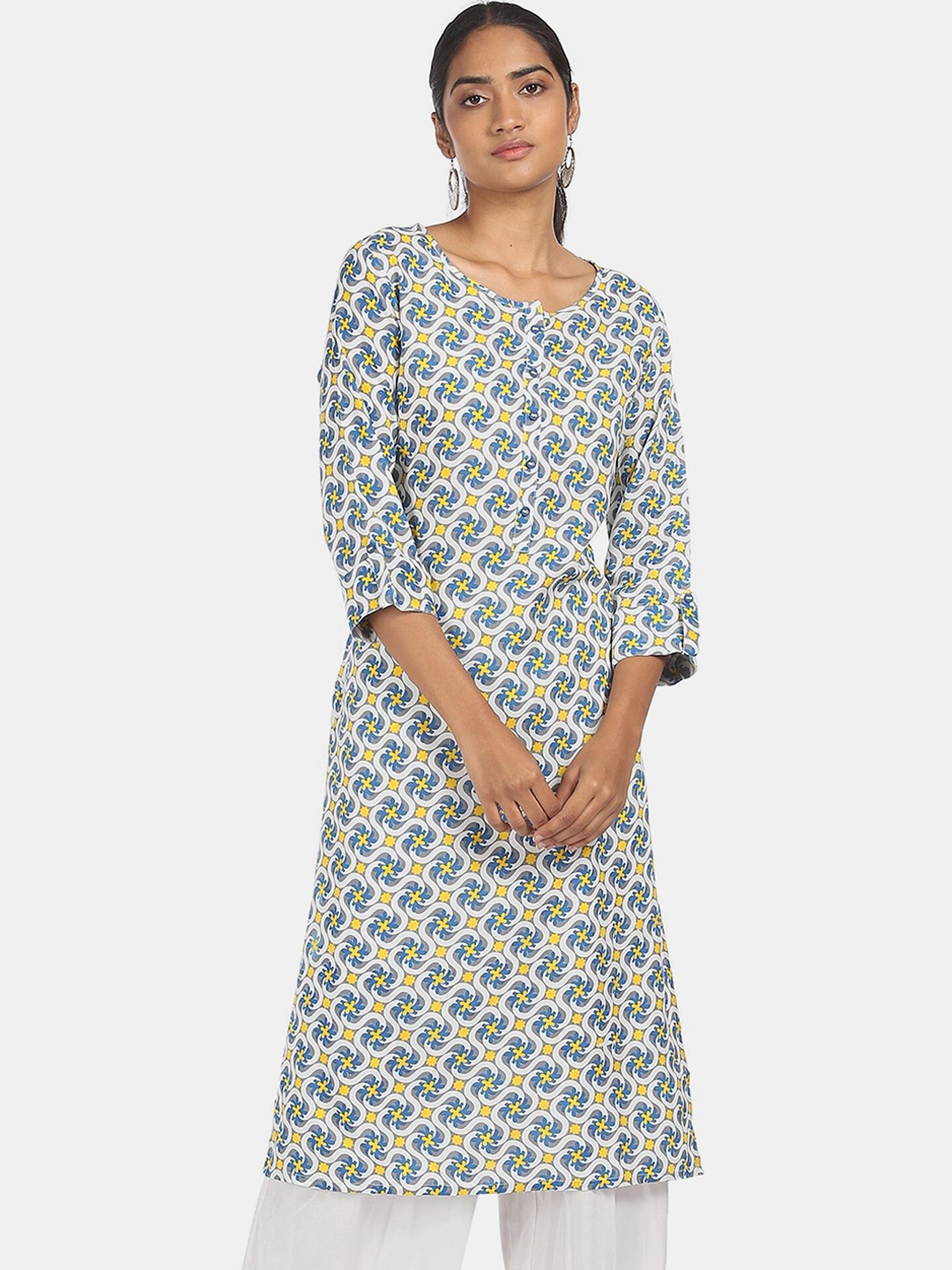 

Karigari Women White & Grey Floral Printed Kurta