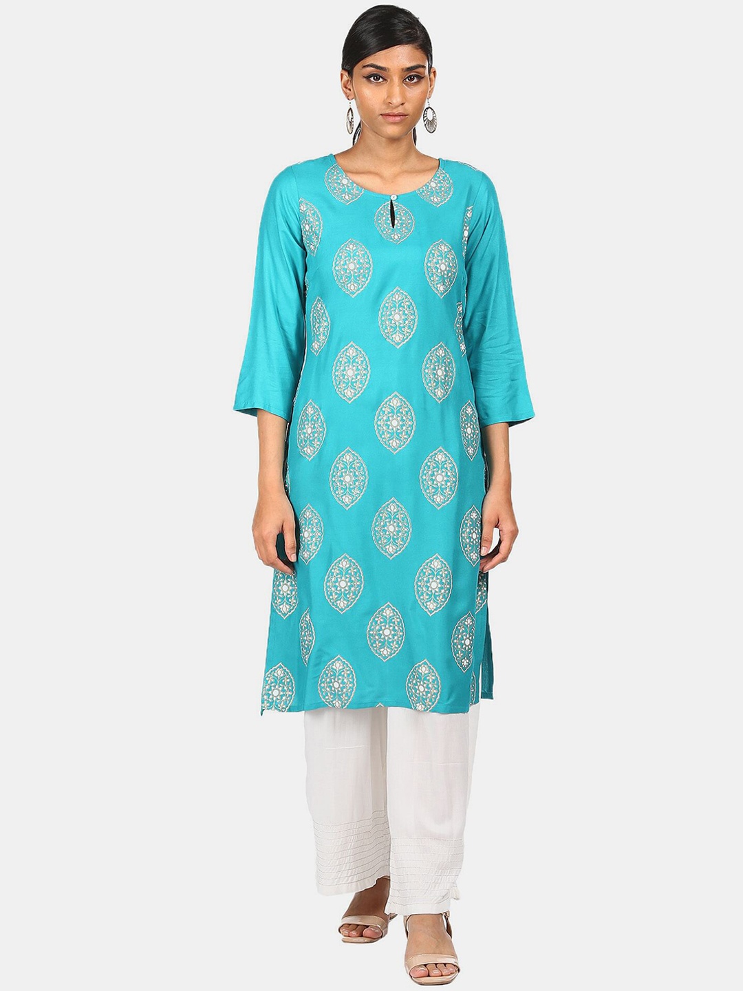 

Karigari Women Blue Ethnic Motifs Printed Keyhole Neck Kurta