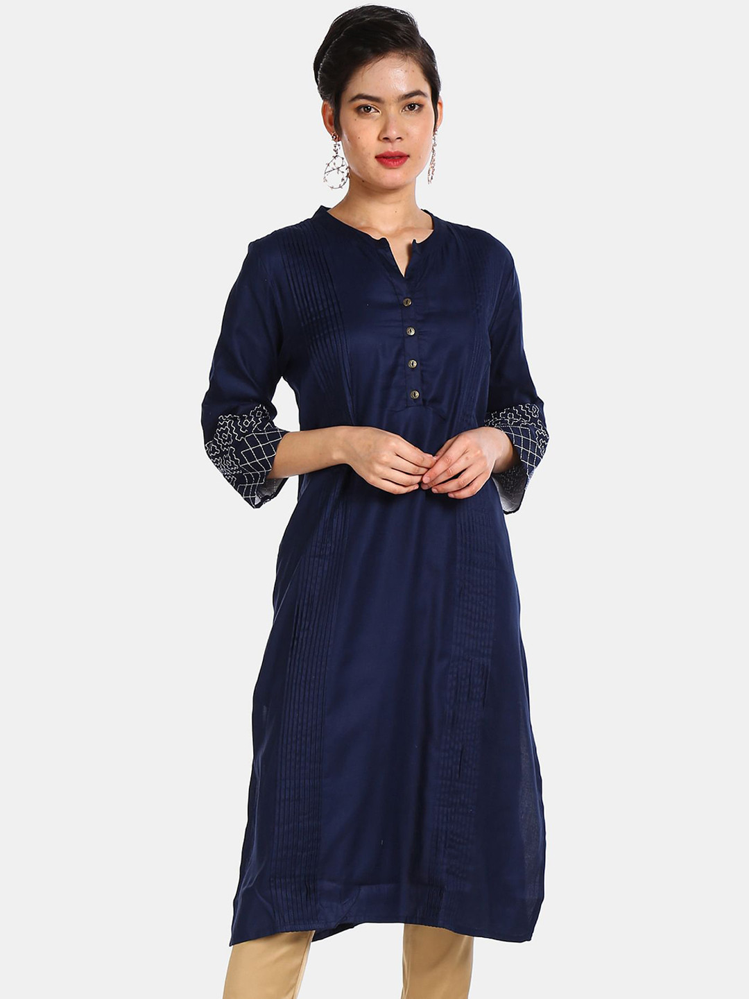 

Karigari Women Navy Blue Thread Work Pleated Pure Cotton Kurta