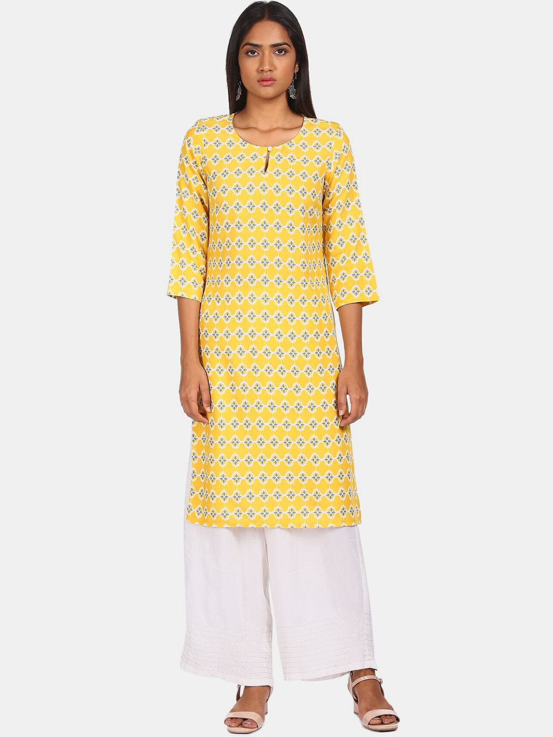 

Karigari Women Yellow Ethnic Motifs Printed Keyhole Neck Kurta