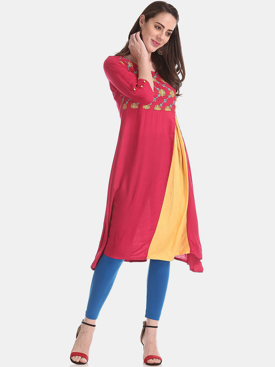 

Anahi Women Pink & Yellow Yoke Embroidered Design Kurta