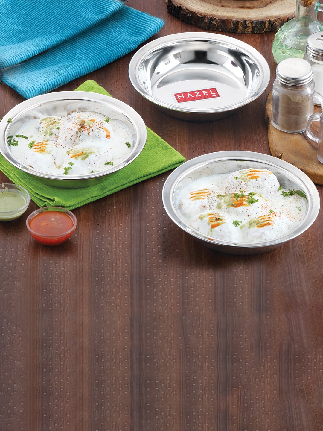 

HAZEL Silver-Toned Set of 3 Serving Stainless Steel Glossy Bowl/Plate 270 ml Bowls