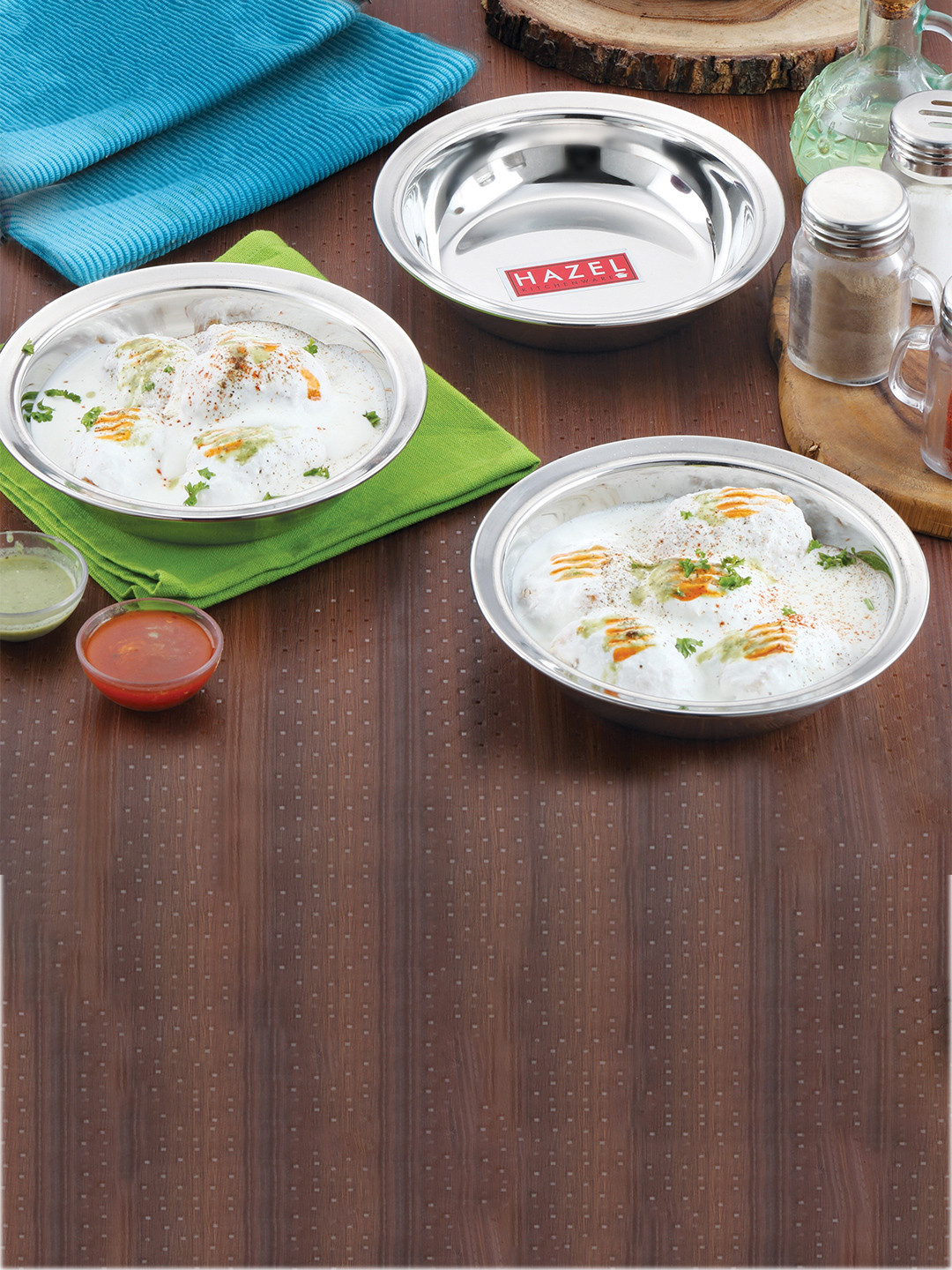 

HAZEL Silver-Toned Set of 3 Serving Stainless Steel Glossy Bowl/Plate 420 ml Bowls