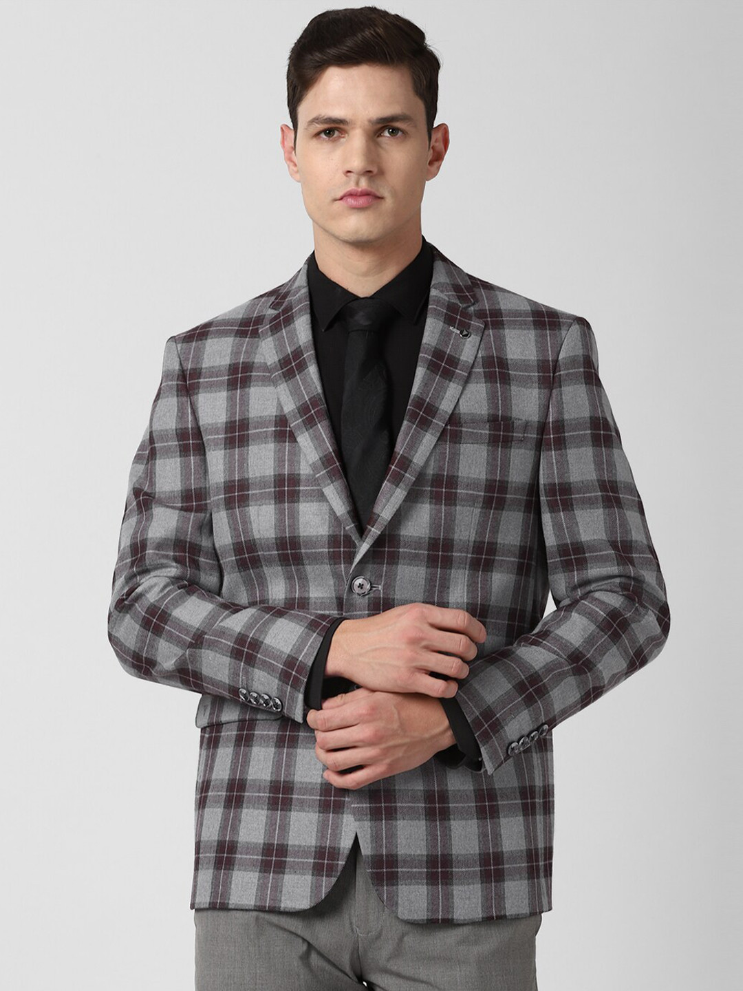 

Van Heusen Men Grey & Brown Checked Slim-Fit Single-Breasted Formal Blazer
