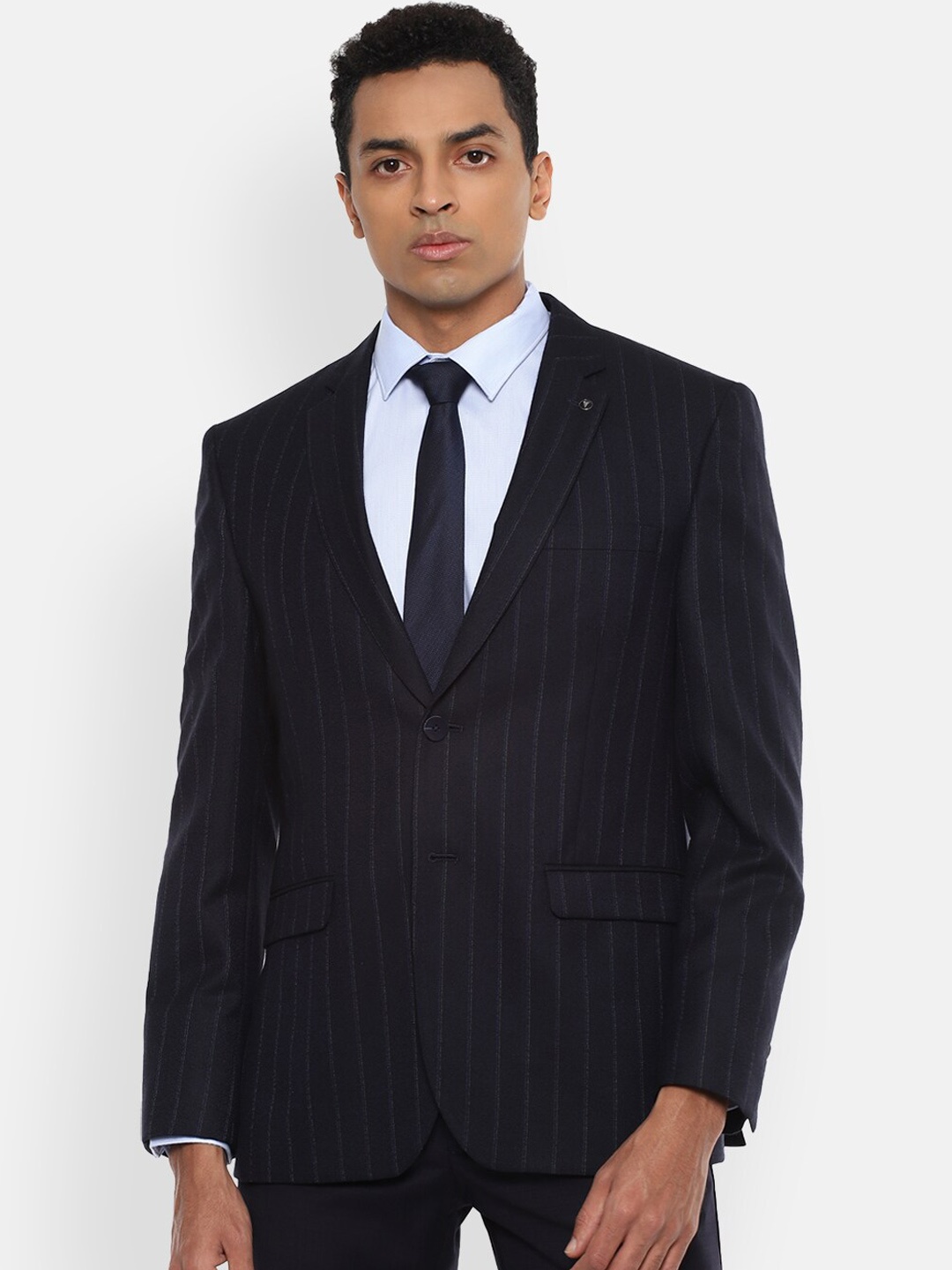 

Van Heusen Men Navy Blue Striped Single-Breasted Slim Fit Formal Blazer