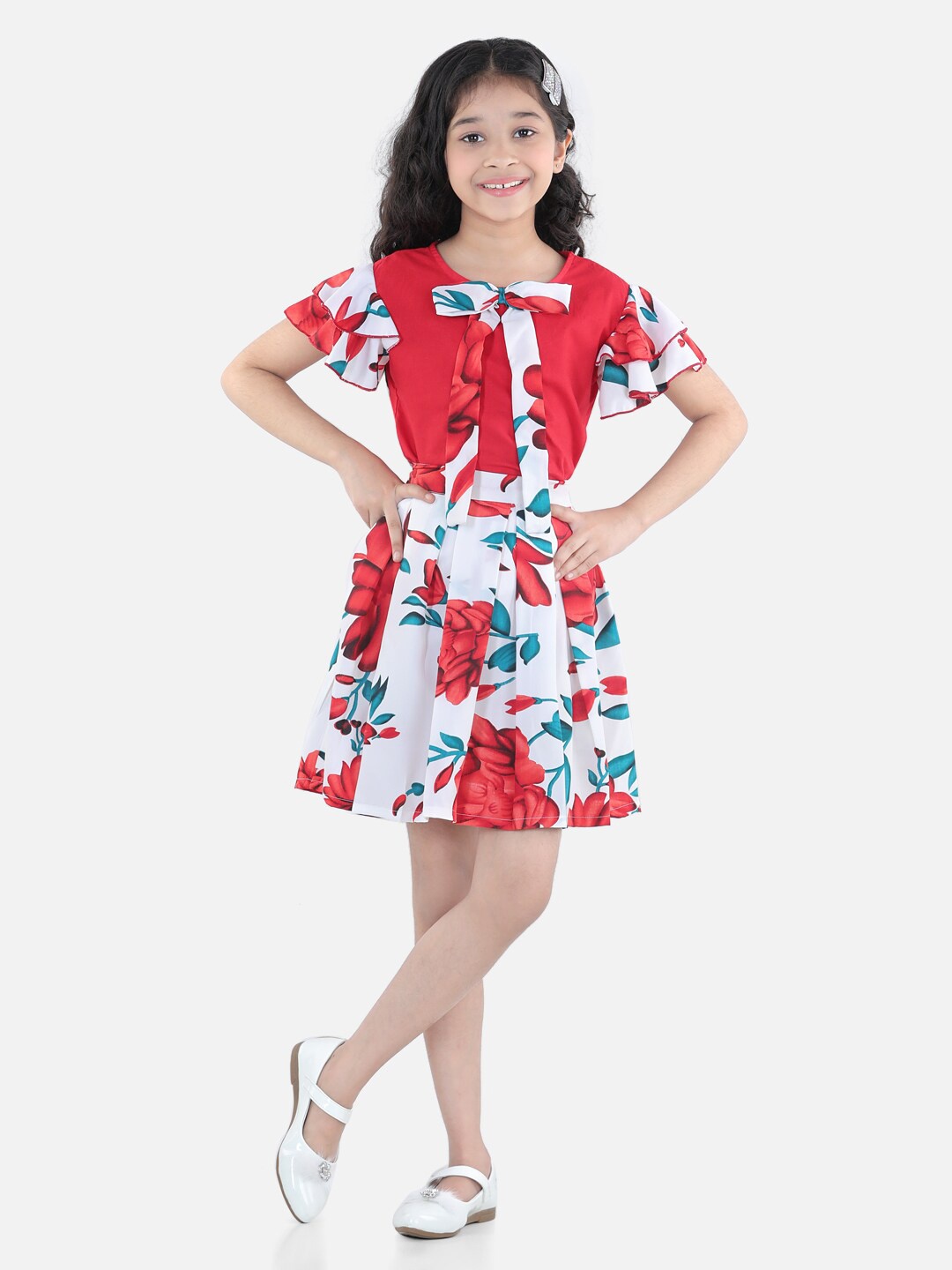 

Cutiekins Girls Red & White Top & Floral Printed Skirt Co-Ord Set