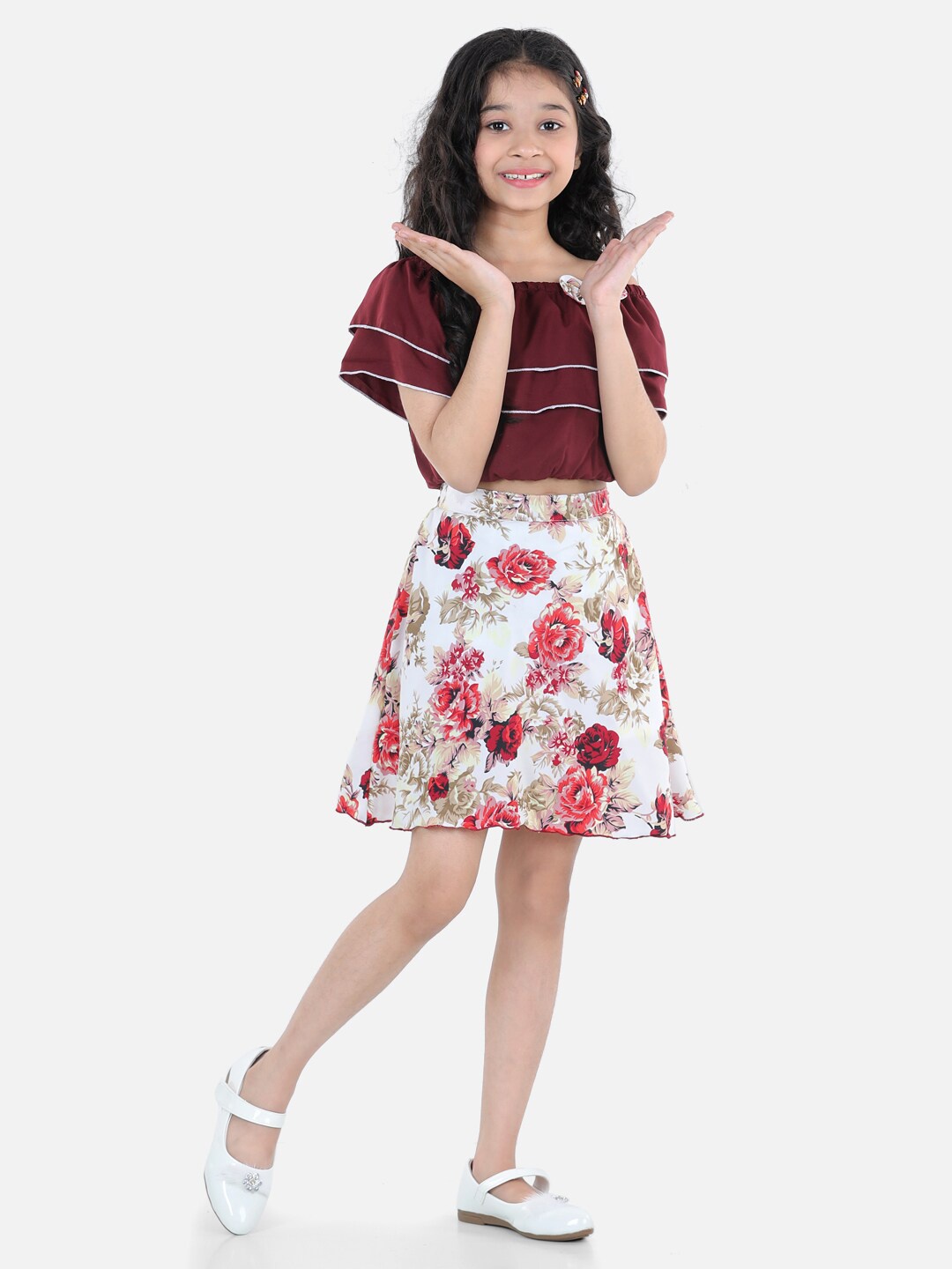 

Cutiekins Girls Maroon & Cream Layered Top With Skirt