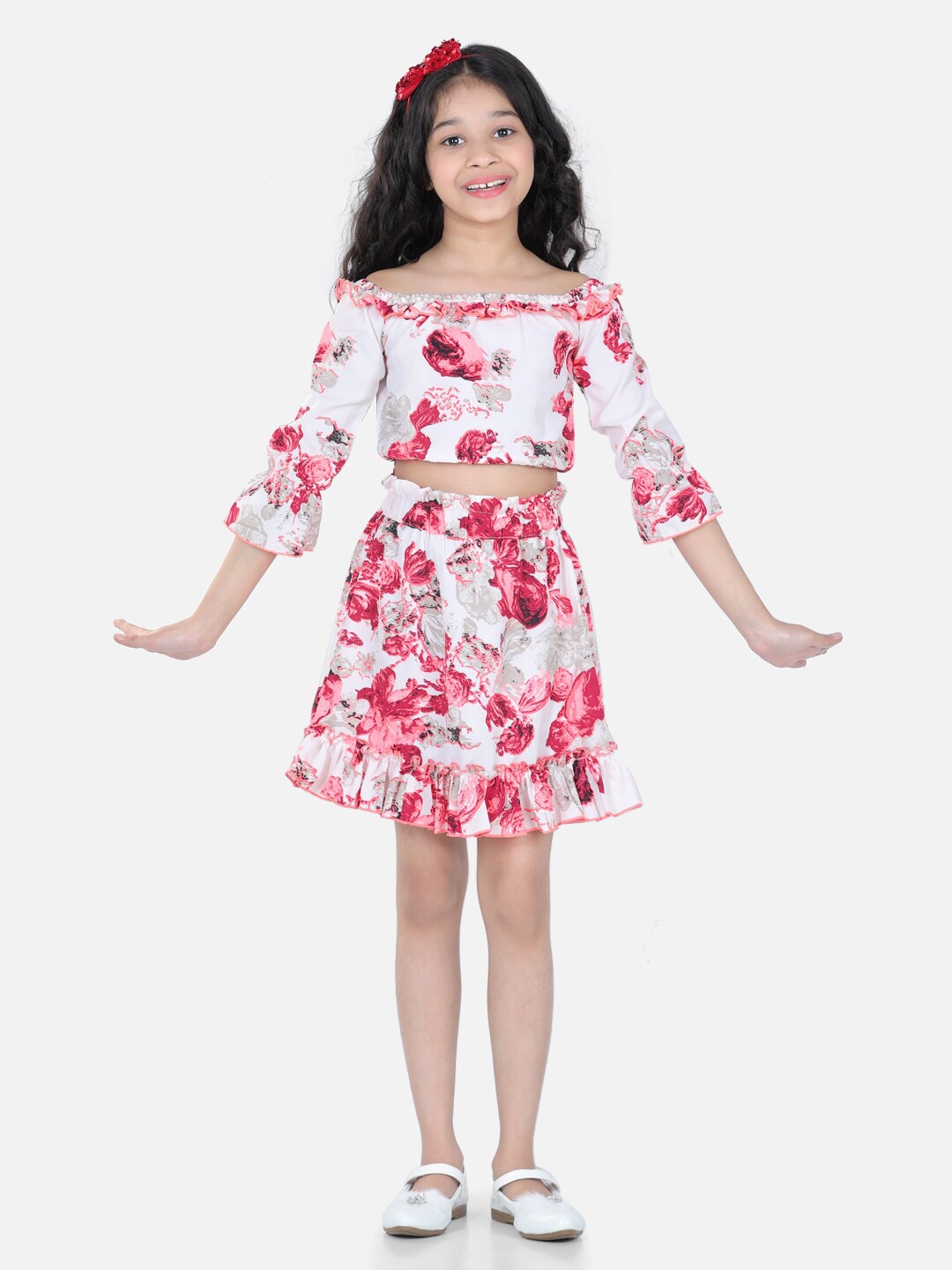 

Cutiekins Girls White & Red Floral Printed Top & Skirt Set Co-Ords Set