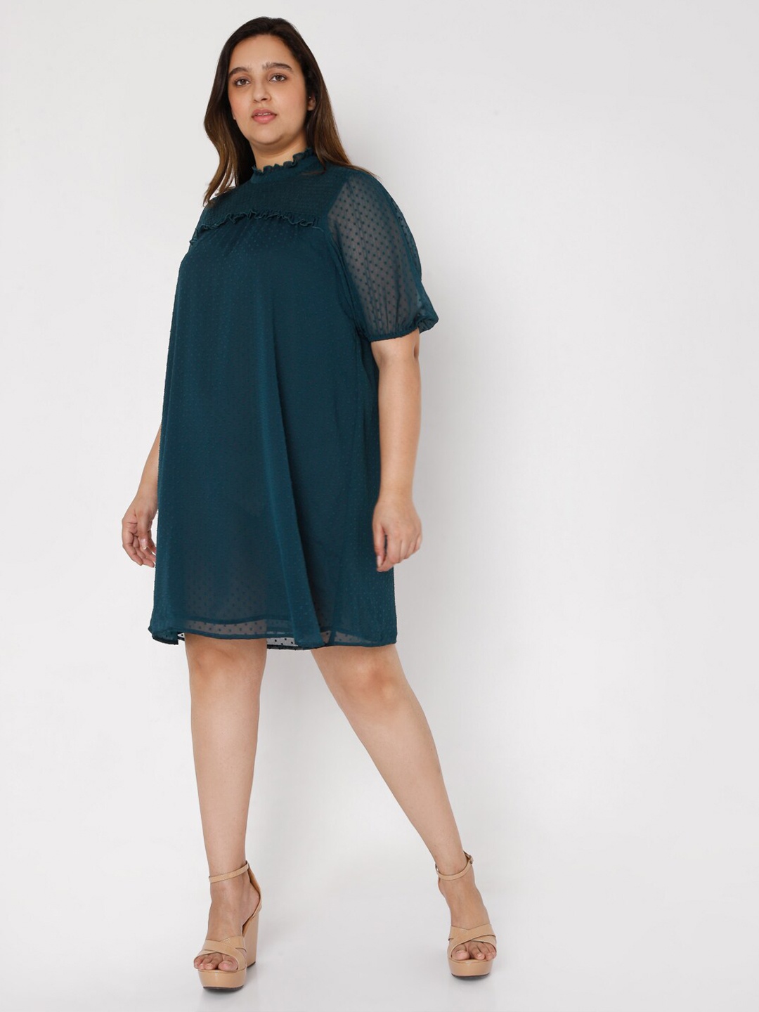 

VERO MODA CURVE Teal Green Self-Design Puff Sleeves A-Line Dress