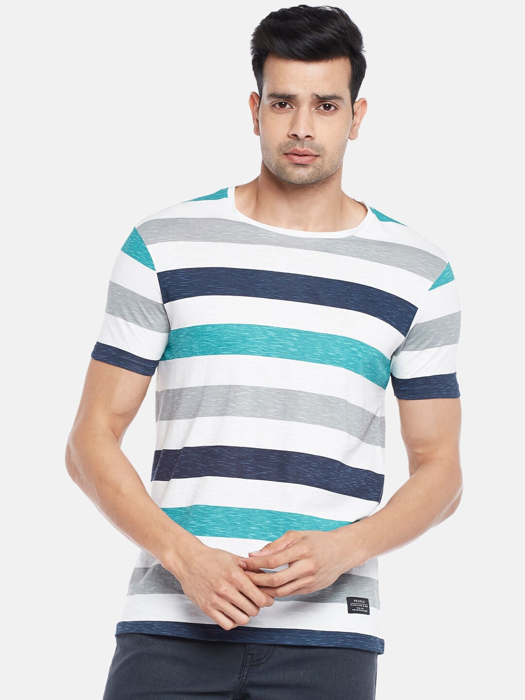 

People Men White & Blue Striped Pure Cotton T-shirt