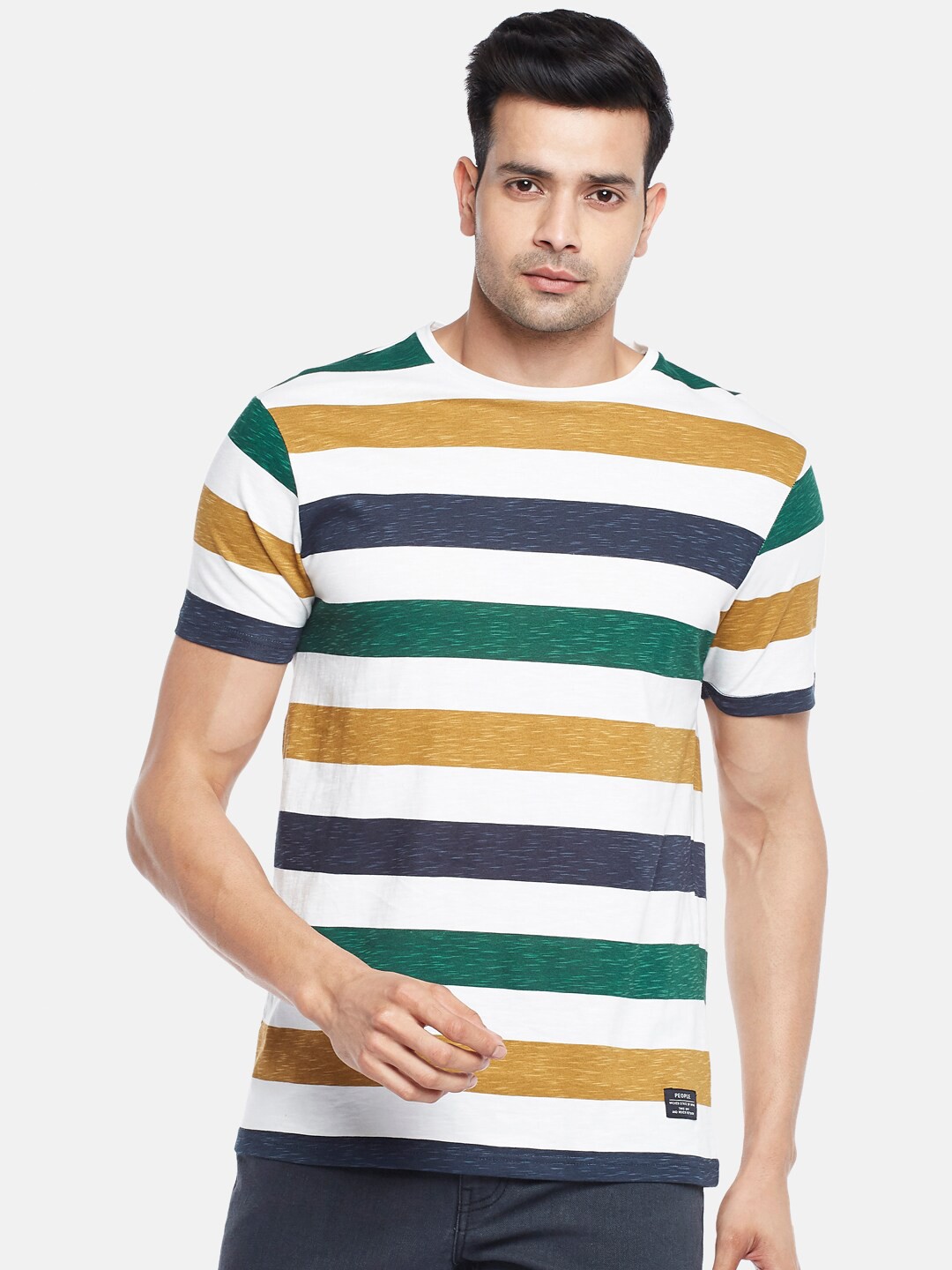 

People Men White & Mustard Yellow Striped Cotton T-shirt
