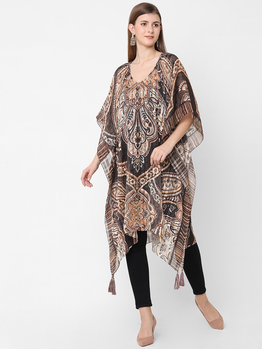

Cloth Haus India Brown Ethnic Motifs Chiffon Kaftan Midi Dress