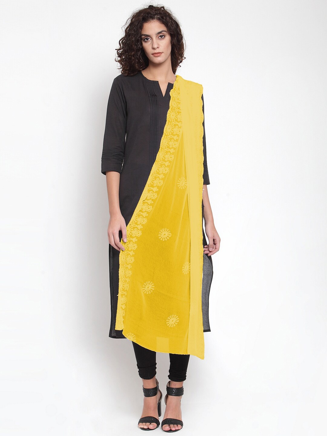 mf Yellow Ethnic Motifs Embroidered Thread Work Chiffon Dupatta