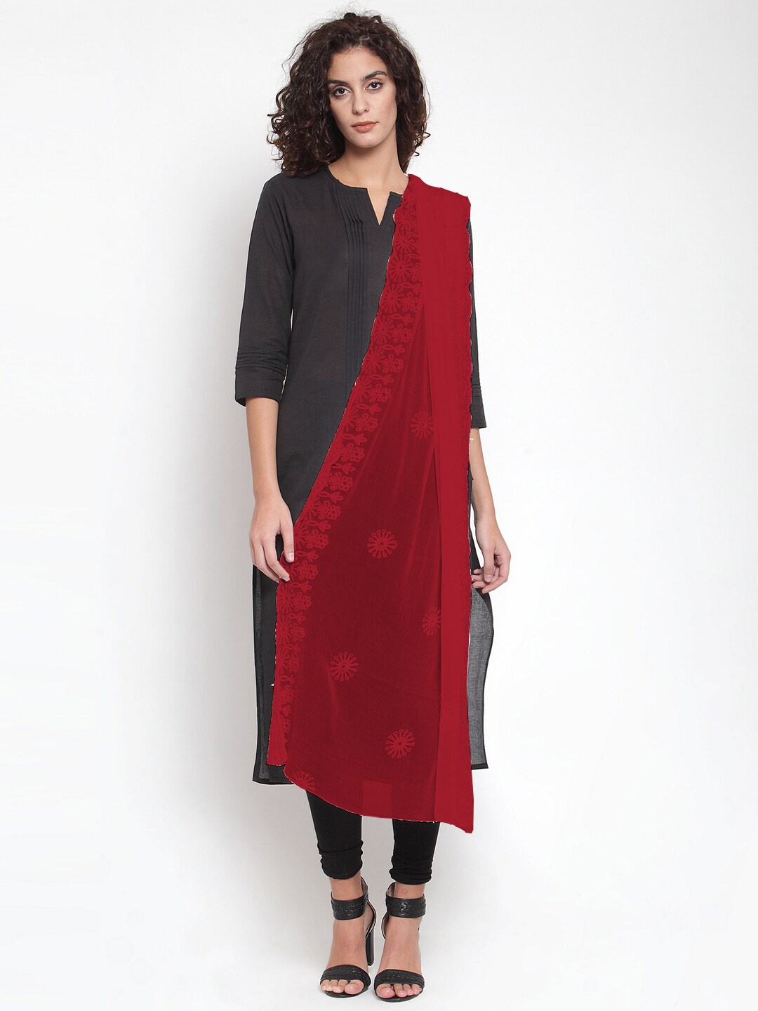 

mf Maroon Ethnic Motifs Embroidered with Thread Work Poly Chiffon Dupatta