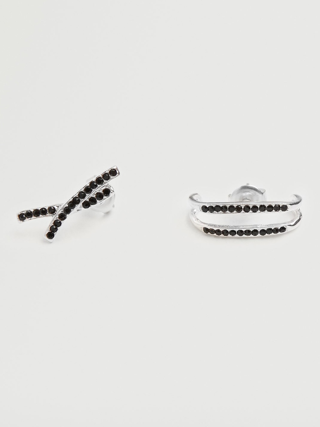 

MANGO Black & Silver-Toned Stone Studded Contemporary Mismatch Drop Earrings
