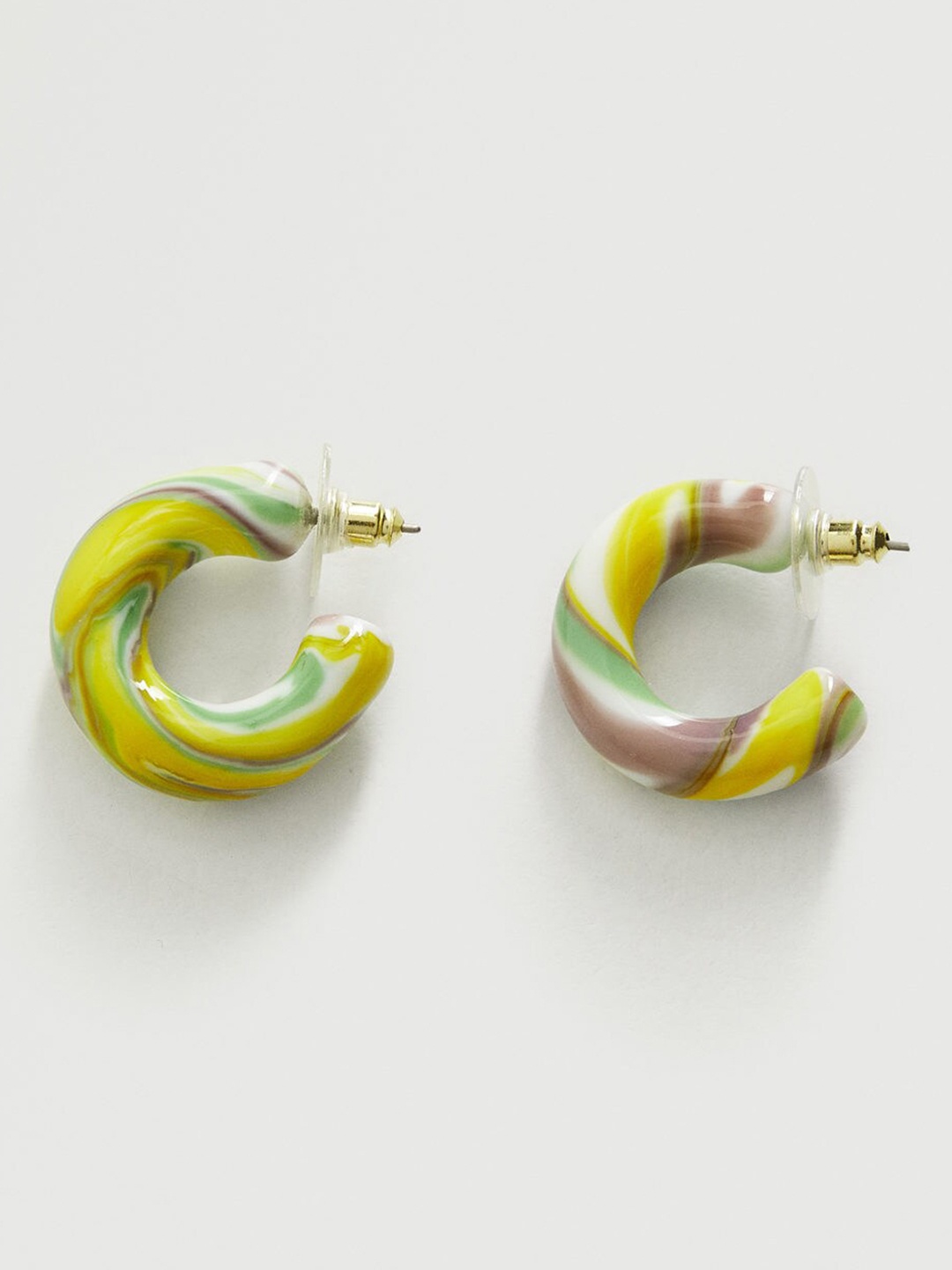 

MANGO Green & Yellow Printed Crescent Shaped Half Hoop Earrings