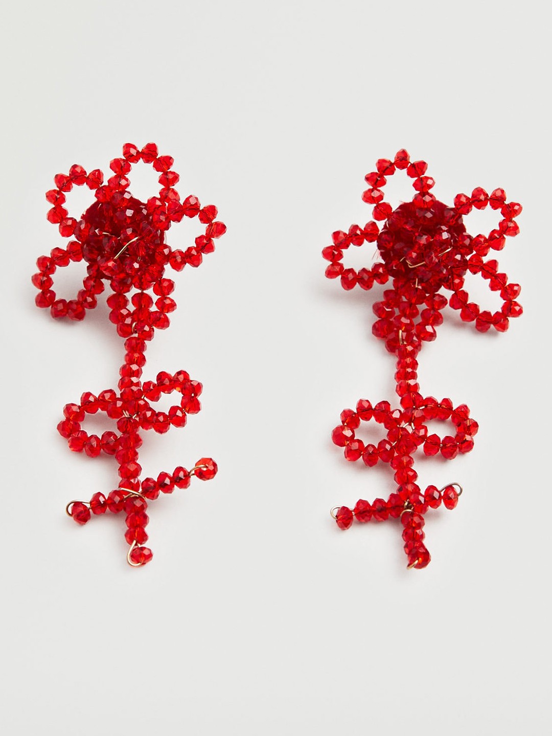 

MANGO Red Solid Beaded Floral Drop Earrings
